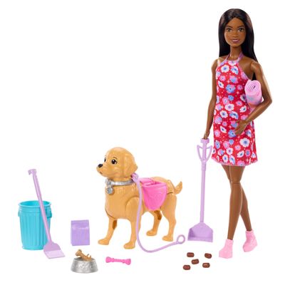 Barbie JJB47 Walking and Needs Puppy Set with Dog Walking and Needs Broklyn Doll, Shovel and Accessories for Animals, JJB47