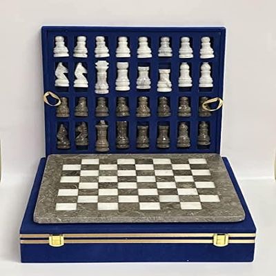 15-Inch Marble Chess Set with 32 Pieces, Packed in Blue Velvet Gift Box (Grey White)
