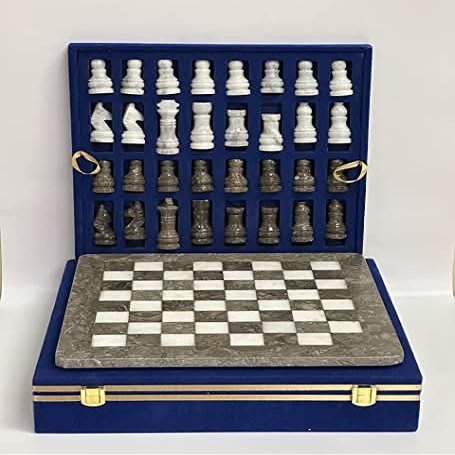15-Inch Marble Chess Set with 32 Pieces, Packed in Blue Velvet Gift Box (Grey White)