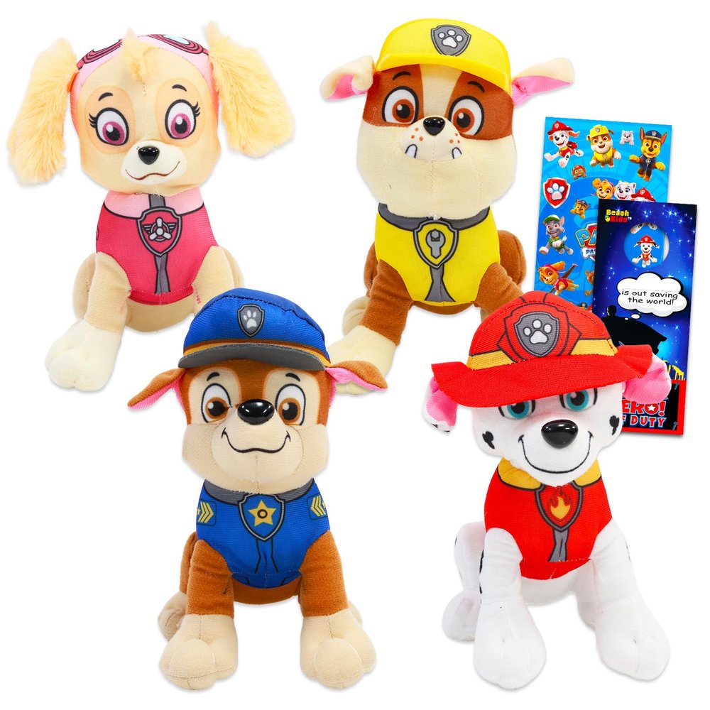 Paw Patrol Plush Toy Set - 4 Pack Bundle with 7" Plushies for Kids Featuring Chase, Marshall, Skye, Rubble Plus Stickers, More | Paw Patrol Dolls Plush for Boys, Girls