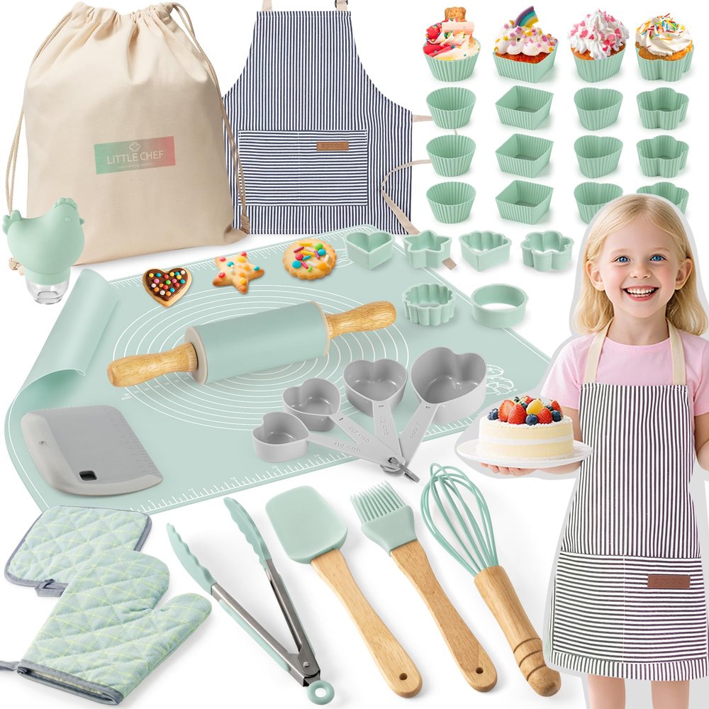 Ultimate Baking Kit for Kids - 38 Piece Kitchen Tools, Food Grade Silicone, BPA/BPS Free - Real Cooking Set for Ages 8-12 - Girls Boys Birthday Stocking Stuffer - Sage Green