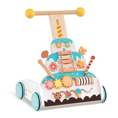 BABY JOY Wooden Baby Walker, Height Adjustable Push and Pull Learning Activity Center with Xylophone, Sliding Blocks & Rolling Beads, Cake-Shape Sit-to-Stand Walker for 1+ Years Old