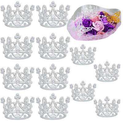 12PCS Crown Cake Topper, Silver Mini Crown Flower Bouquet Accessories,Pearl Tiara Princess Crown for Wedding Birthday Baby Shower Party Decor