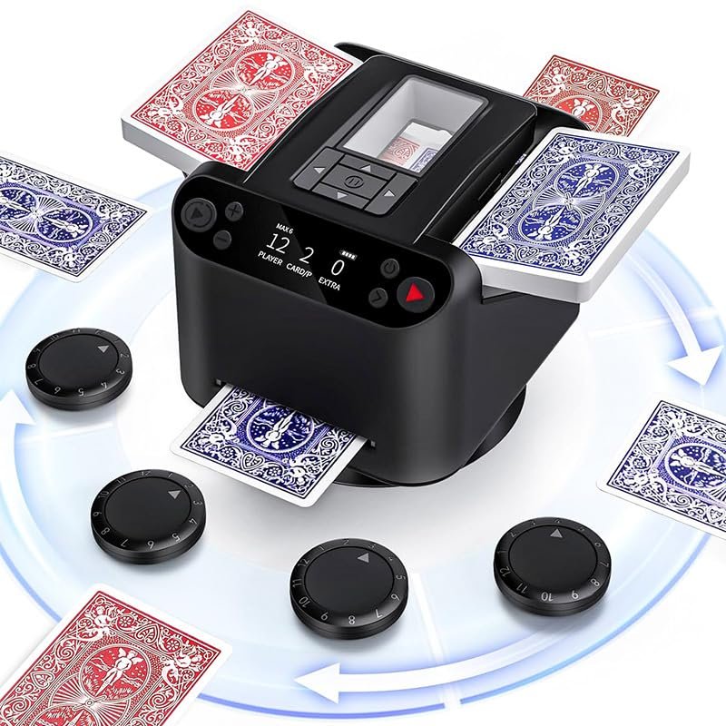 Acmefun Automatic Card Shuffler and Dealer 2-in-1, 360 Rotating Electric Poker Machine with LED Display for 1-6 Players Fast Shuffling & Dealing for UNO, Poker (Black)