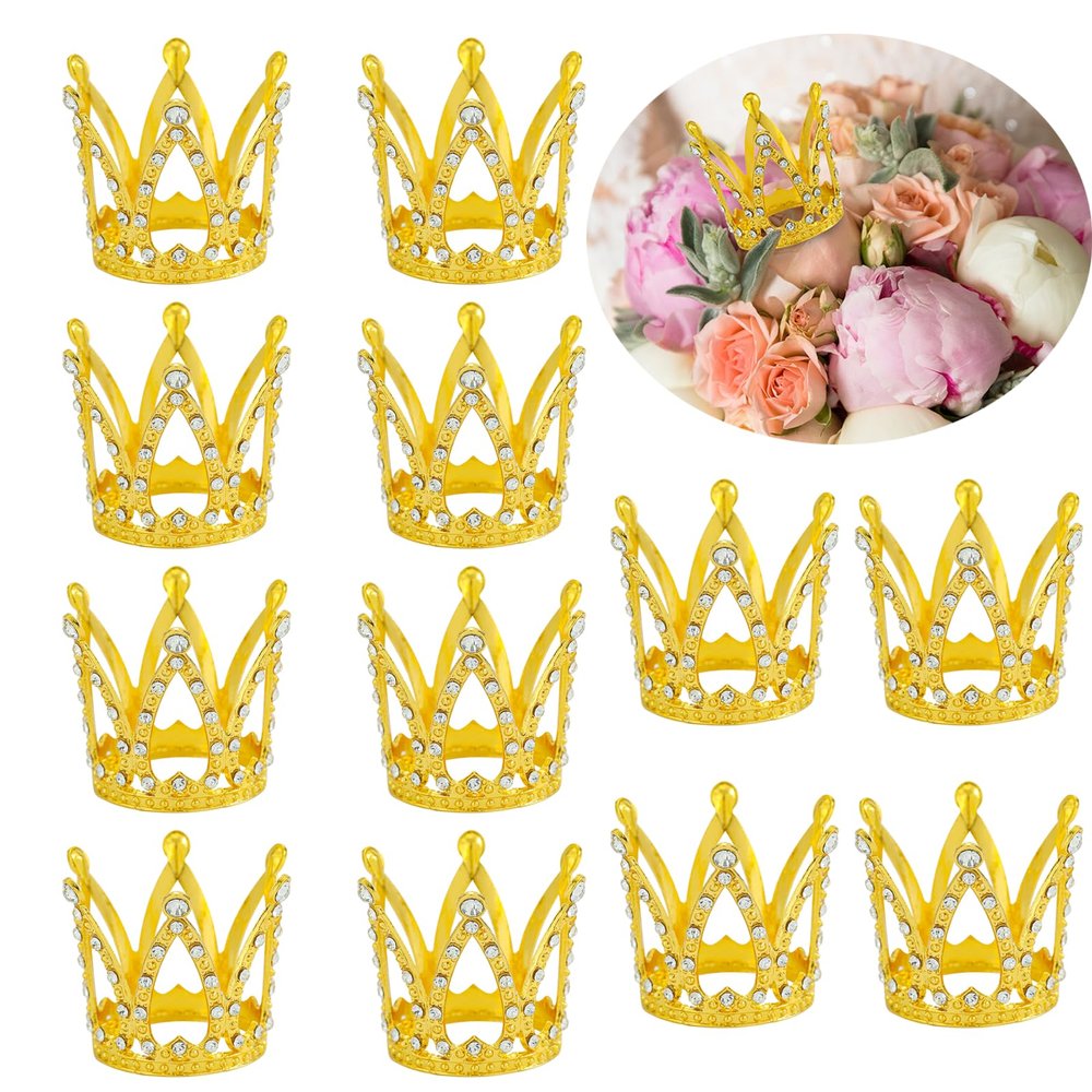 12Pcs Crowns for Flower Bouquets, Crown Cake Topper Gold Mini Crown for Bridal Wedding Baby Shower Party Cake Decor
