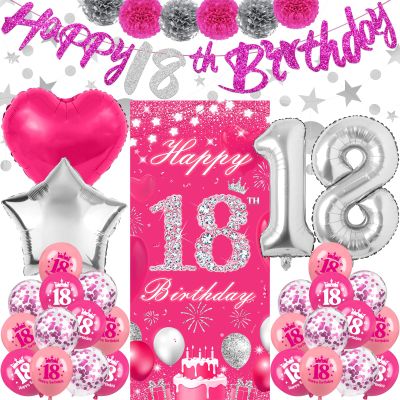 TSVATE 18th Birthday Decorations for Girls, Daughter, Pink 18 Year Old Girl Birthday Decorations, Happy 18th Birthday Banner, Backdrop, Yard, Door, Wall, Number 18 Balloon, Pompoms, Star Garland