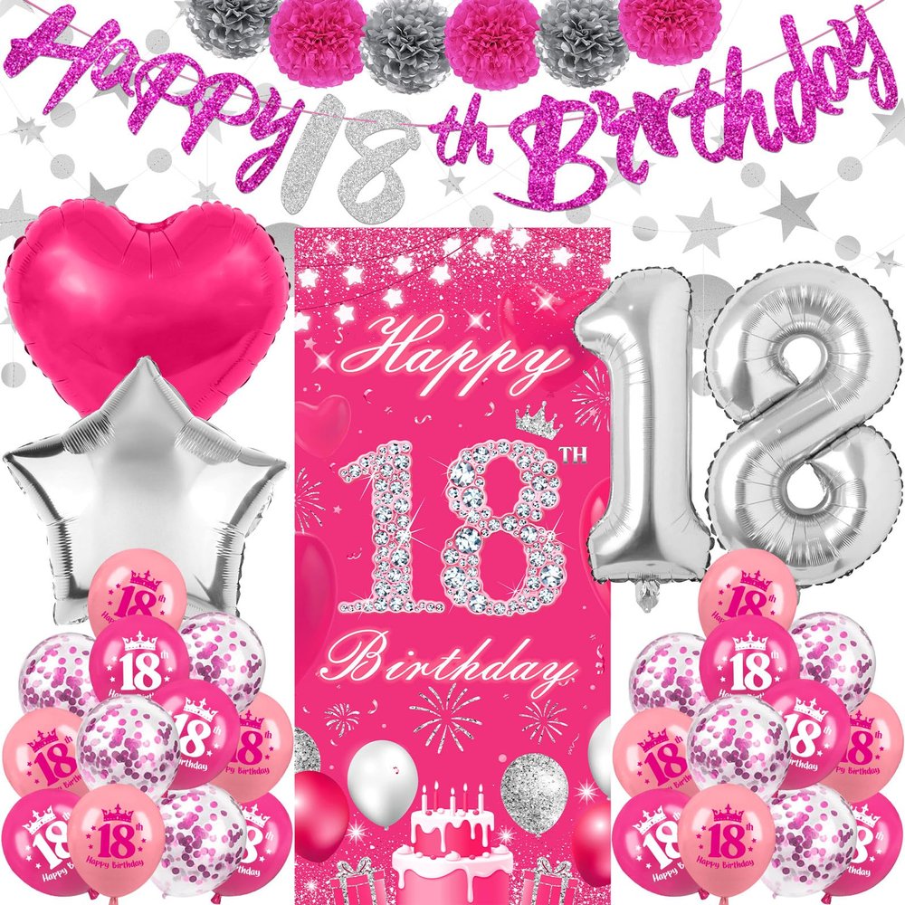 TSVATE 18th Birthday Decorations for Girls, Daughter, Pink 18 Year Old Girl Birthday Decorations, Happy 18th Birthday Banner, Backdrop, Yard, Door, Wall, Number 18 Balloon, Pompoms, Star Garland