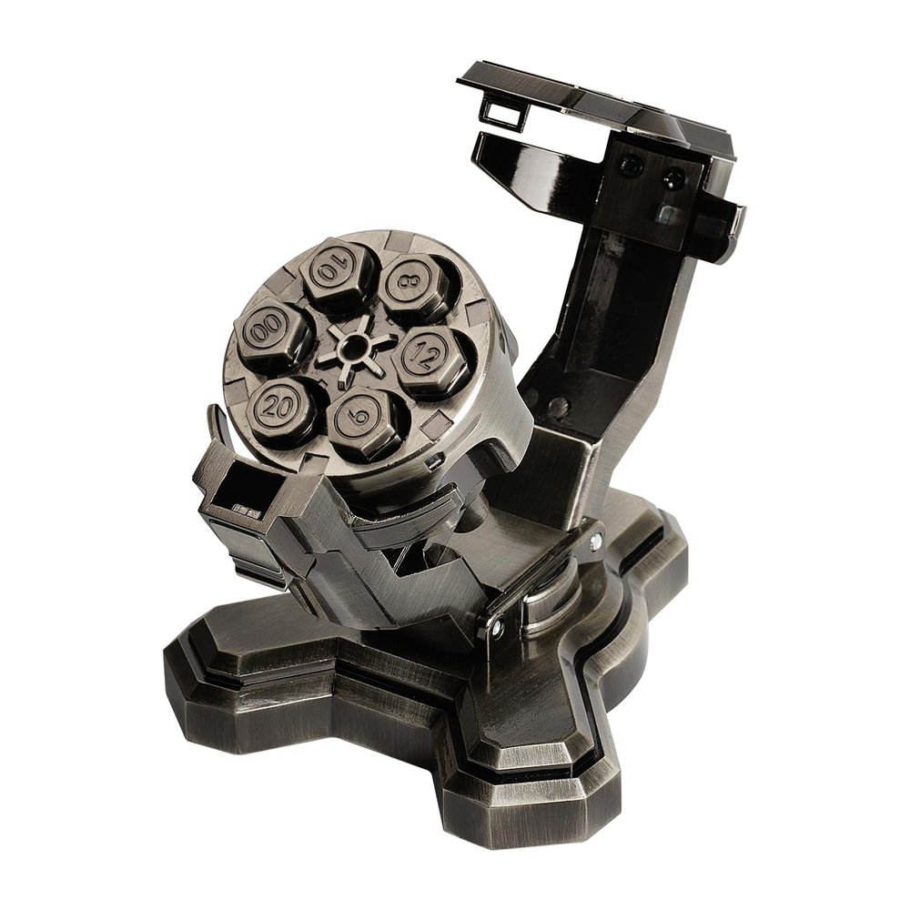 ASTRANOVA Metal Bullet Dice Set with Spinning Revolver Cylinder Holder for DND, Tabletop Games(Gunmetal Grey)