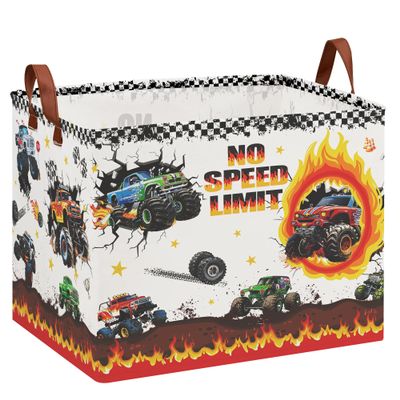 XHWZOF Monster Trucks Storage Basket with NO SPEED LIMIT Sign,Car Room Decor for Boys ,Kids Laundry Hapmer,Gift Bag Storage Bin for Toy Car Stuffed Animals Clothes Books (Fire)