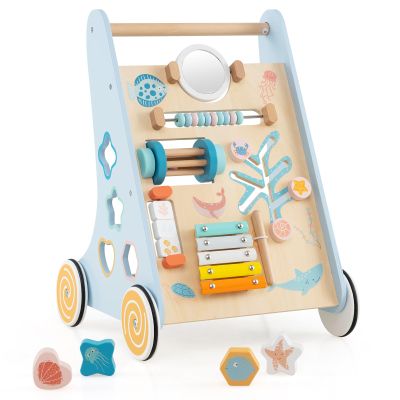 BABY JOY Wooden Baby Walker, Push and Pull Learning Activity Center, Montessori Walker Toy with Wheels, Push Toy for Toddlers, Boys and Girls 1+ Years Old