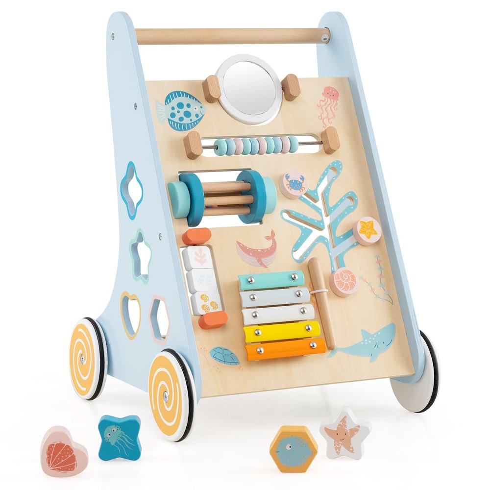 BABY JOY Wooden Baby Walker, Push and Pull Learning Activity Center, Montessori Walker Toy with Wheels, Push Toy for Toddlers, Boys and Girls 1+ Years Old
