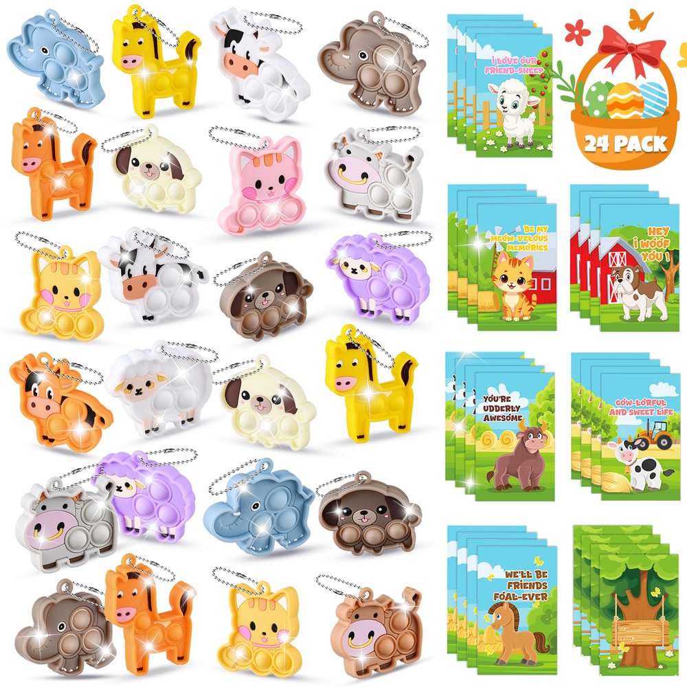 24 Packs Party Favors for Kids,Easter Egg Stuffers Basket Filler Animal Pop Fidget Toys Set,Bulk Mini Keychain Treasure Box Classroom Prizes Birthday Gift Goodie Bags Stuffers for Toddler Boys Girl