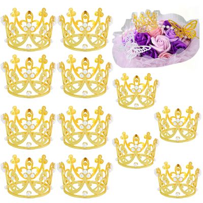 12PCS Crown Cake Topper for Flower Bouquets,Pearl Tiara Princess Gold Crown for Wedding Birthday Baby Shower Party Decor