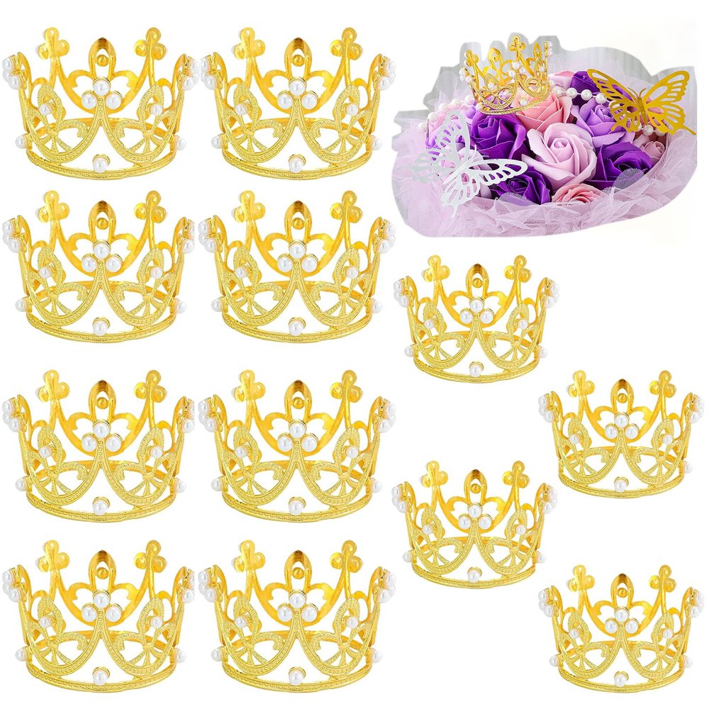 12PCS Crown Cake Topper for Flower Bouquets,Pearl Tiara Princess Gold Crown for Wedding Birthday Baby Shower Party Decor