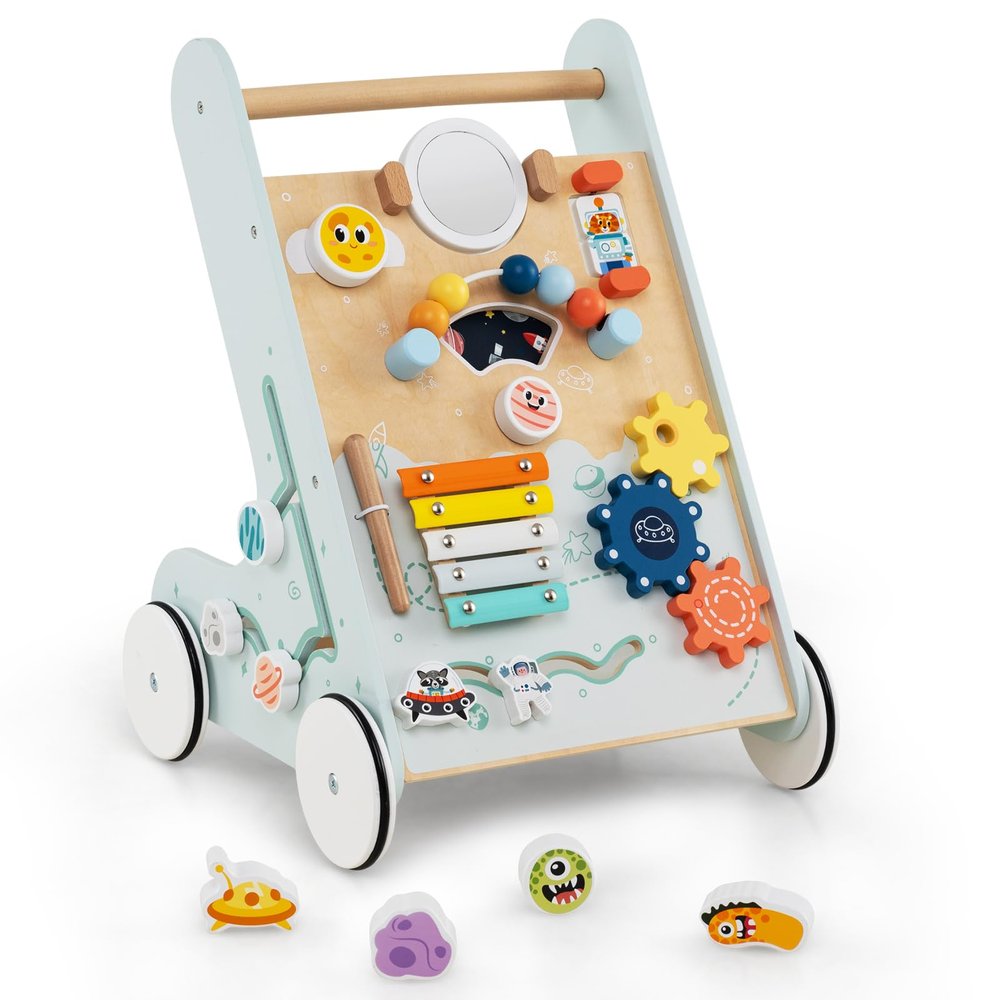 BABY JOY Wooden Baby Walker, Push and Pull Learning Activity Center, Montessori Educational Toy w/Wheels, Storage, Push Walker for Learning to Walk,Toddlers, Boys and Girls 1+ Years Old (Green)