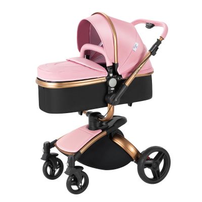 360Rotatable PU Leather 2 in 1 Stroller with Bassinet Mode,One-Click Folding & High Landscape for Newborn to Toddler(Gold&Pink)