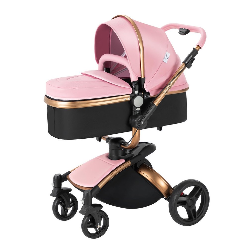 360Rotatable PU Leather 2 in 1 Stroller with Bassinet Mode,One-Click Folding & High Landscape for Newborn to Toddler(Gold&Pink)