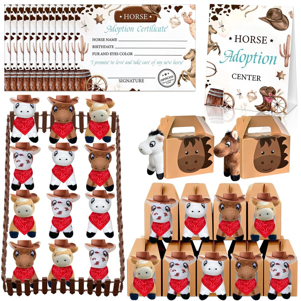 62 Pcs Adopt a Horse Animal Party Favors Include 12 Mini Stuffed Horse 12 Boxes 12 Brown Hat 12 Red Scarf 12 Cards 1 Adopt Sign 1 Fence for Adopt a Grassland Animal Party Favor Pet Birthday Supplies