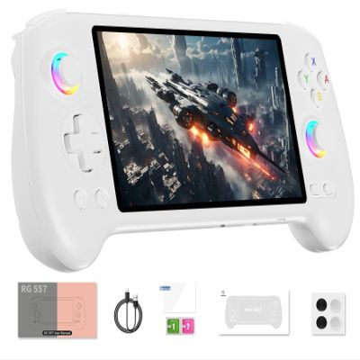 RG557 Retro Handheld Game Console , 5.48 Inch AMOLED Screen Handheld Emulator Android 14 System Dimensity 8300 Processor Support WiFi 6E Bluetooth 5.3(White)