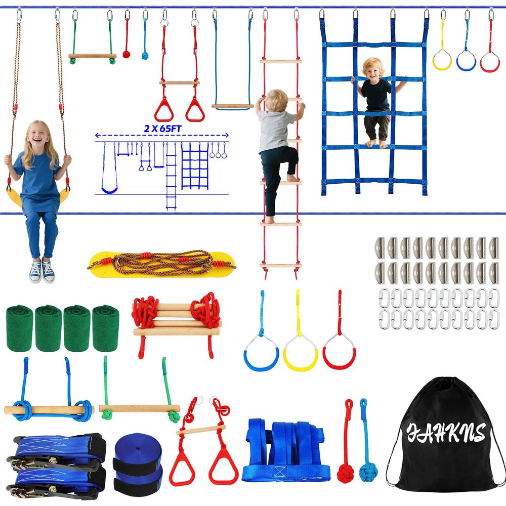2x65 Ft Ninja Obstacle Course Kit for Kids with Slackline and 12 Fun Accessories Including Climbing Net, Rope Ladder, Monkey Bars, Ninja Obstacle Course for Kids Ages 3+ with 440lbs Weight Capacity