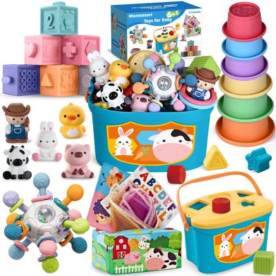 6 In 1 Baby Toys, 6-12 months Baby Toys, 0-6 12-18 Montessori Toddler Gifts For Toddlers, Farm Animals Playset & Teething & Stacking Building Block Cup & Tissue Box & Sensory Bin For Development