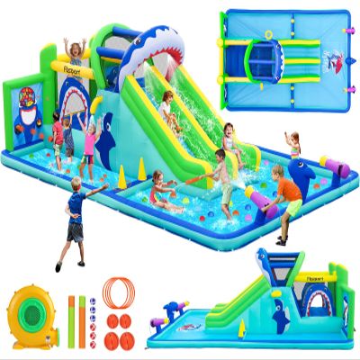 FBSPORT Inflatable Bounce House Water Slide Park, Double Slide Bouncer Castle with 550W Air Blower, Climbing Wall, Jumping Area, Toss Rings, Basketball, Splash, Bouncy House for Backyard Outdoor