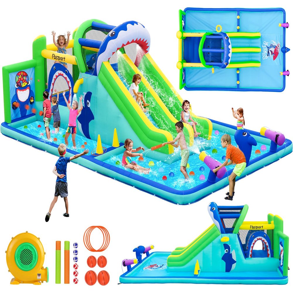 FBSPORT Inflatable Bounce House Water Slide Park, Double Slide Bouncer Castle with 550W Air Blower, Climbing Wall, Jumping Area, Toss Rings, Basketball, Splash, Bouncy House for Backyard Outdoor