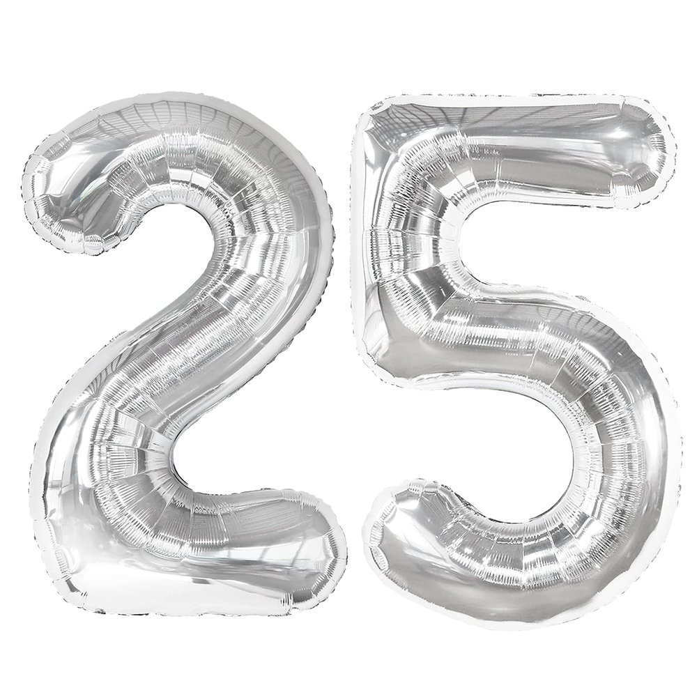 40 Inch Silver Number 25 Digital Balloon,Jumbo Mylar Foil Helium Balloon for 25 Balloons for Birthday Party,Wedding Anniversary Party Decorations