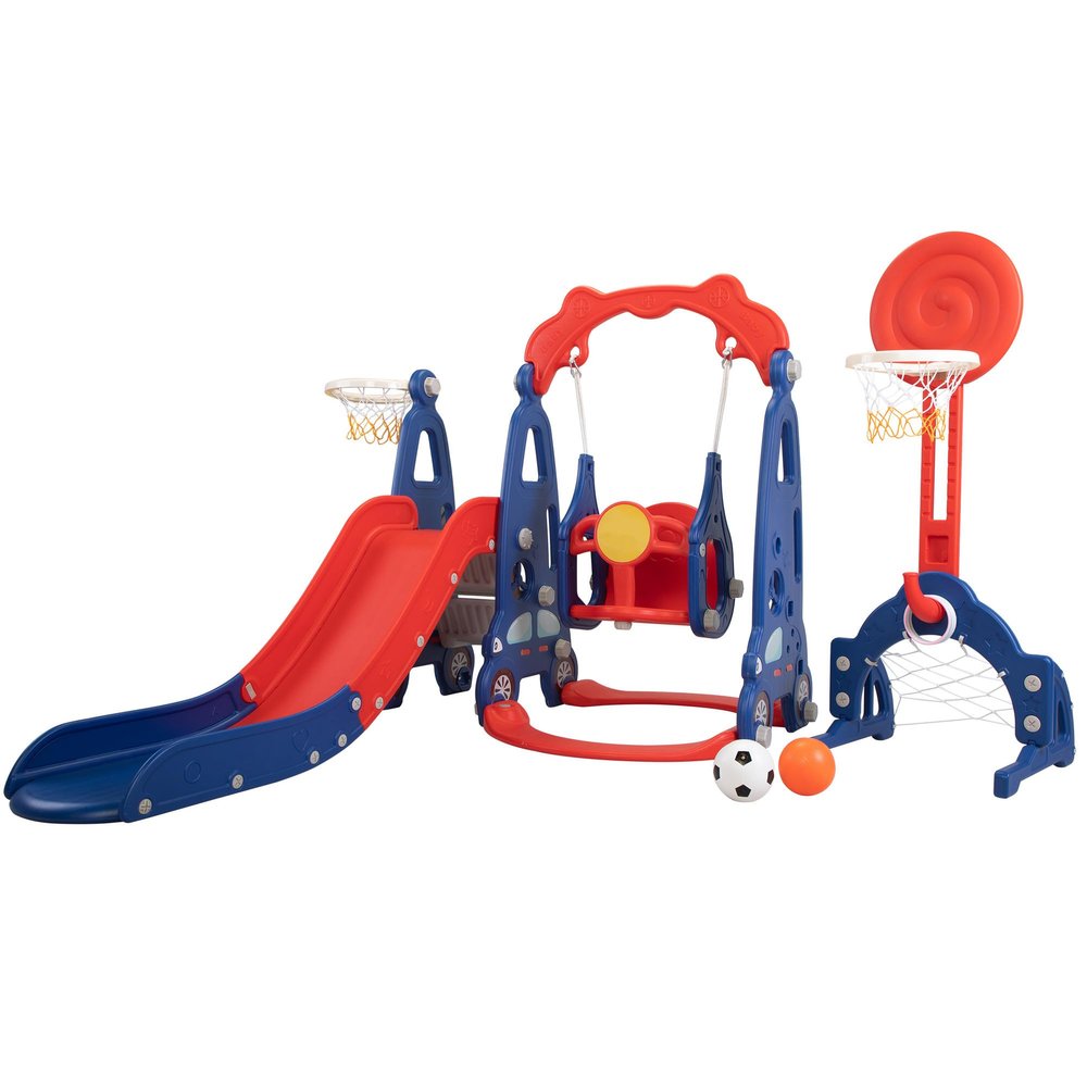 5 in 1 Slide and Swing Playing Set, Toddler Extra Long Slide with 2 Basketball Hoops, Football, Ringtoss, Indoor Outdoor JB118