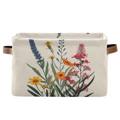 Kigai Colorfol Flowers Storage Basket with Handles Waterproof Collapsible Storage Bin Canvas Fabric Basket Decorative Box Closet Organizer for Nursery Bedroom Office