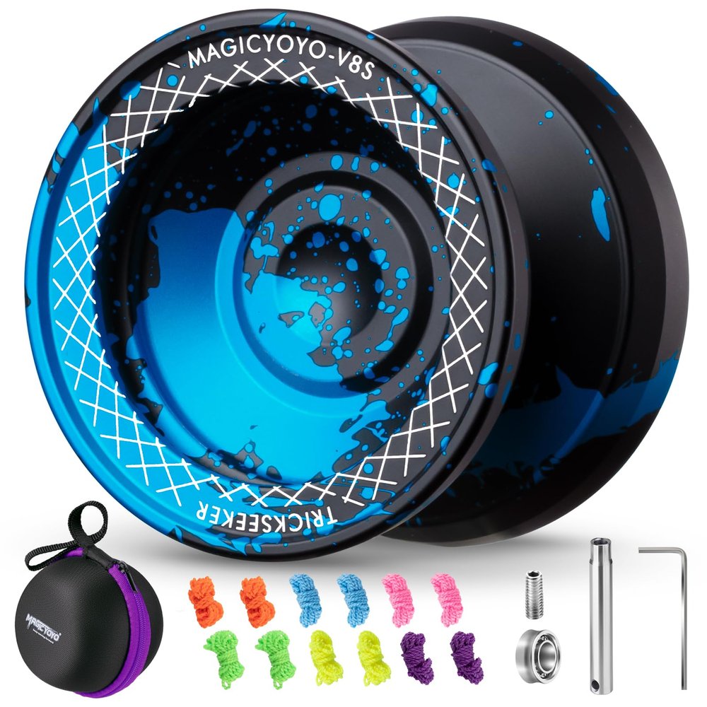 V8s Responsive Yoyo for Kids 8-12, Professional Metal Yo-yo for Kids & Adults, Dual Mode Yo yo with Unresponsive Bearing for Advanced Players with 12 Strings + Yo Yo Case (Black Blue)