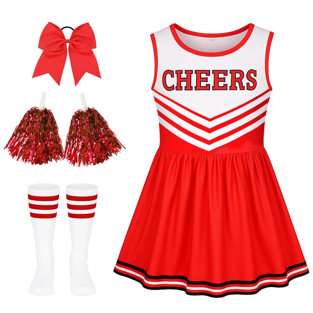 5Pack Cheerleader Costume Outfit for Girls Sparkly Cheer Dress with Striped Socks Bowtie Headpiece & Pom Poms Complete Set for Halloween Party School Events Uniform Outfit Age 7-8 Years (Red)