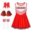 5Pack Cheerleader Costume Outfit for Girls Sparkly Cheer Dress with Striped Socks Bowtie Headpiece & Pom Poms Complete Set for Halloween Party School Events Uniform Outfit Age 7-8 Years (Red) view 1