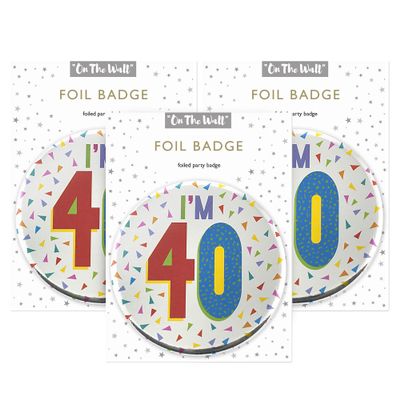 One The Wall Silver 40th Birthday Badge 8.5cm Foil Age 40 with Safety Pin for Party Outfit Accessories Durable Age Badge for Celebrating Milestone Events, pkg of 3, Foil Finish