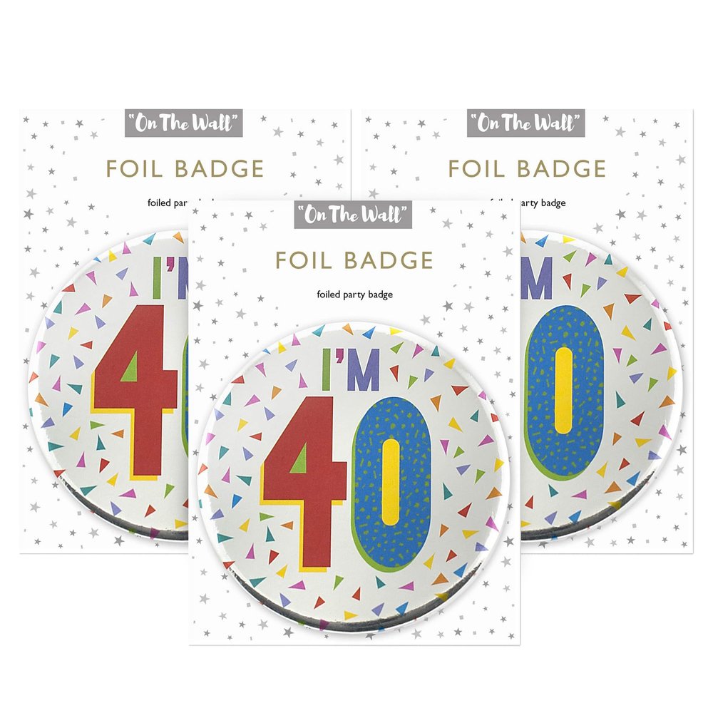 One The Wall Silver 40th Birthday Badge 8.5cm Foil Age 40 with Safety Pin for Party Outfit Accessories Durable Age Badge for Celebrating Milestone Events, pkg of 3, Foil Finish