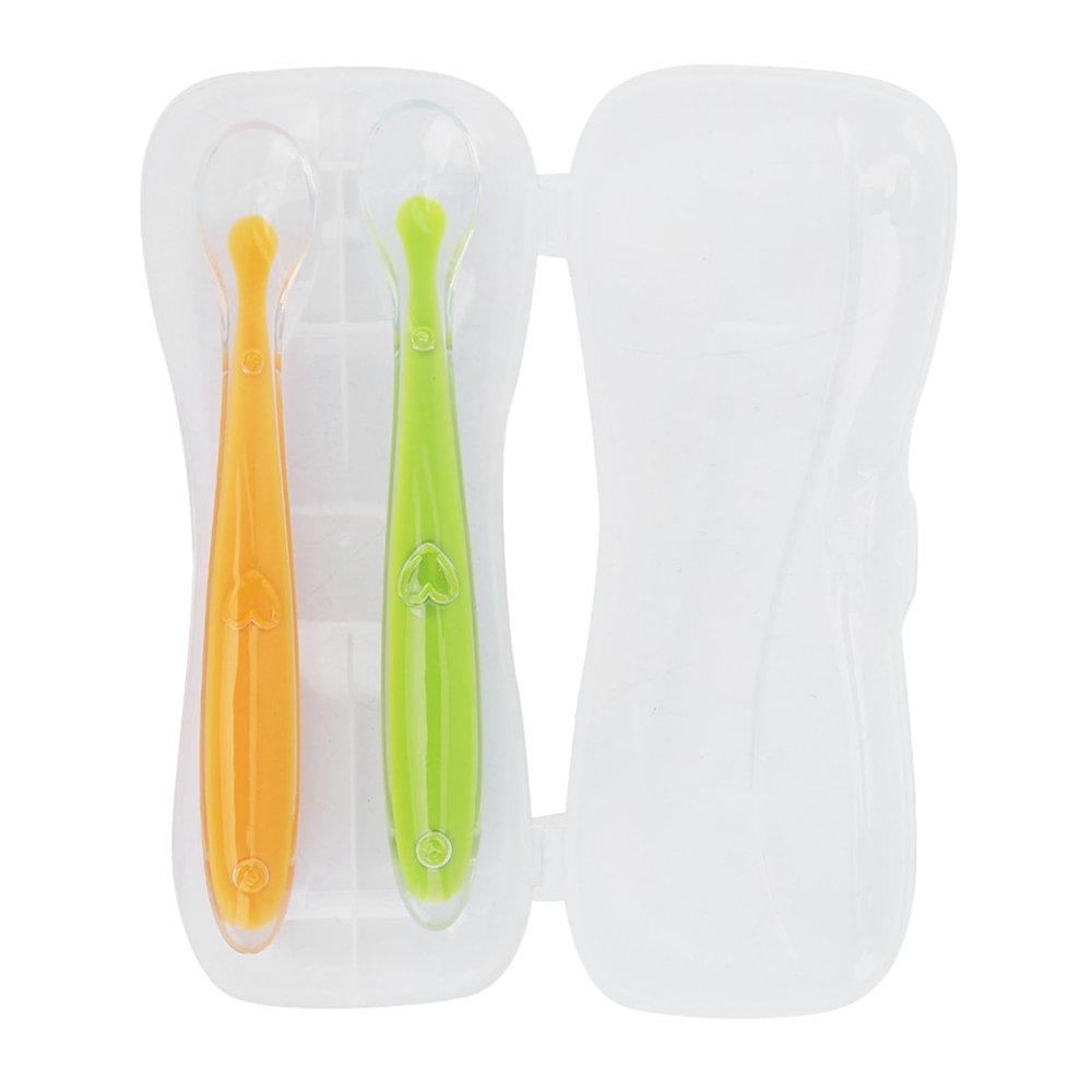 2 Silicone Baby Spoons Set, Soft Tip Spoons for Babies Over 4 Months Old with Box, Feels Like Milk, Takes Care of Baby's Mouth, Reduce Choking and