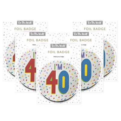One The Wall Silver 40th Birthday Badge 8.5cm Foil Age 40 with Safety Pin for Party Outfit Accessories Durable Age Badge for Celebrating Milestone Events, pack of 5, Foil Finish