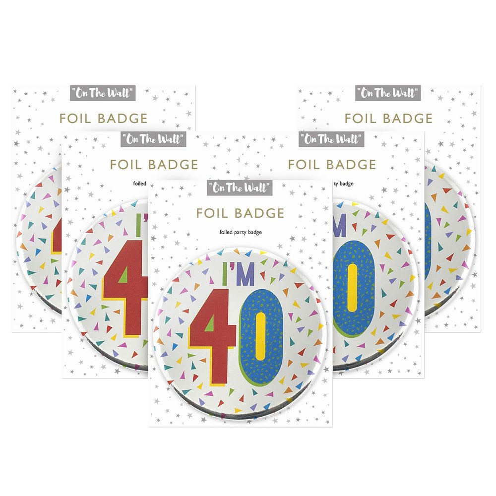 One The Wall Silver 40th Birthday Badge 8.5cm Foil Age 40 with Safety Pin for Party Outfit Accessories Durable Age Badge for Celebrating Milestone Events, pack of 5, Foil Finish