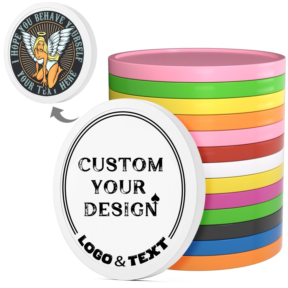 100 PCS Custom Poker Chips, 9 Colors Drink Tokens Chips, Double Sides Full-Color Print Your Logo and Text, Personalized Plastic Poker Chips for Bar Promotions, Golf Club, Parties & Events (White)