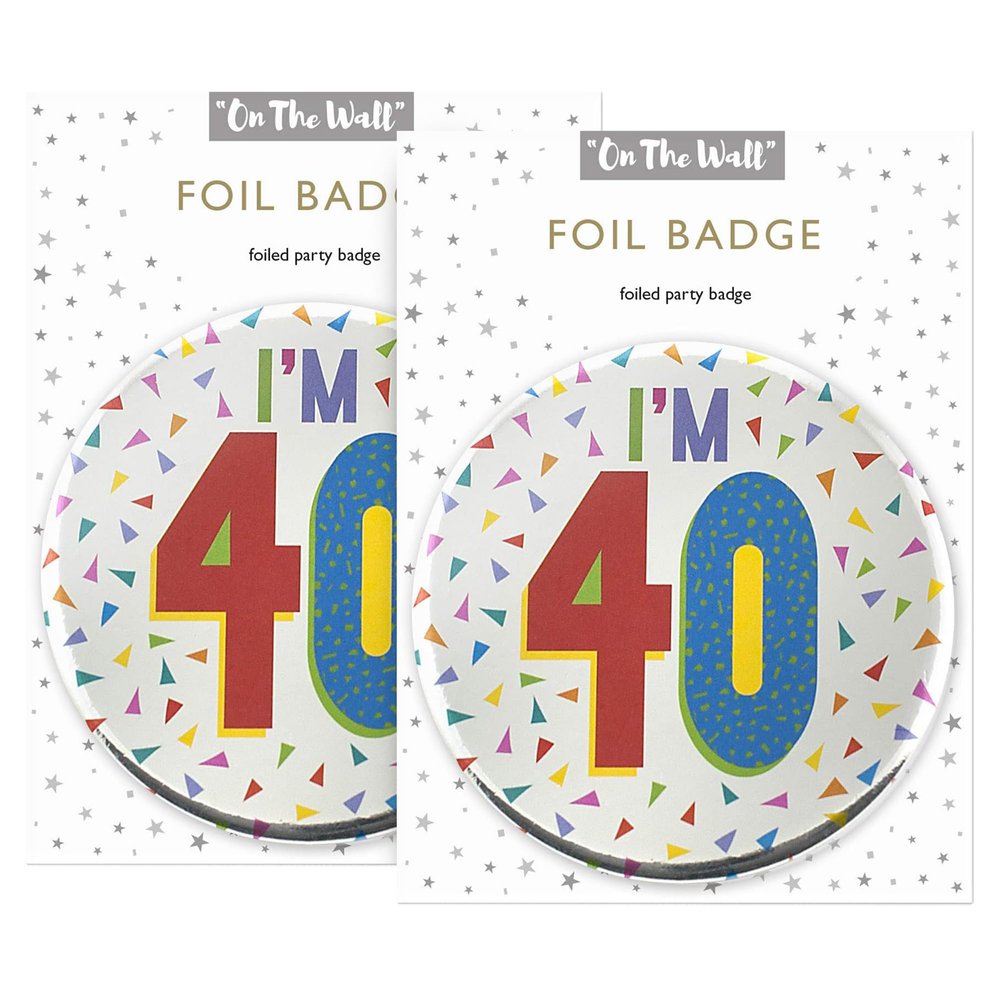 One The Wall Silver 40th Birthday Badge 8.5cm Foil Age 40 with Safety Pin for Party Outfit Accessories Durable Age Badge for Celebrating Milestone Events, pack of 2, Foil Finish