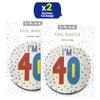 One The Wall Silver 40th Birthday Badge 8.5cm Foil Age 40 with Safety Pin for Party Outfit Accessories Durable Age Badge for Celebrating Milestone Events, pack of 2, Foil Finish view 2