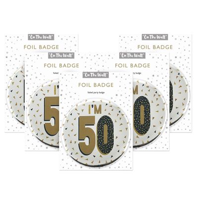 One The Wall Silver 50th Birthday Badge 8.5cm Foil Age 50 with Safety Pin for Party Outfit Accessories Durable Age Badge for Celebrating Milestone Events, pack of 5, Foil