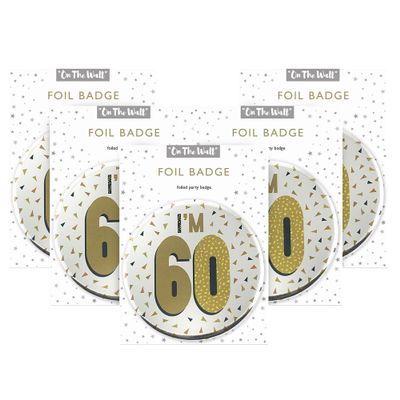 One The Wall Silver 60th Birthday Badge 8.5cm Foil Age 60 with Safety Pin for Party Outfit Accessories Durable Age Badge for Celebrating Milestone Events, pack of 5, Foil