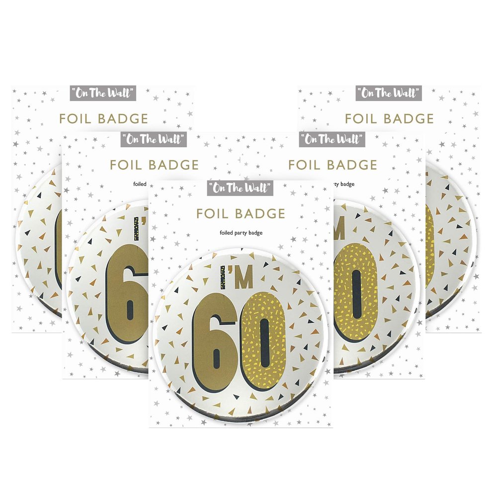 One The Wall Silver 60th Birthday Badge 8.5cm Foil Age 60 with Safety Pin for Party Outfit Accessories Durable Age Badge for Celebrating Milestone Events, pack of 5, Foil