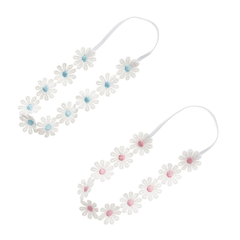 URIMPAVIDO 2PCS Baby Girl Lace Flower Headband Soft Elastic Hair Bands Cute Floral Headpiece for Baby photography (Pink,Blue, 14.96 Inch)