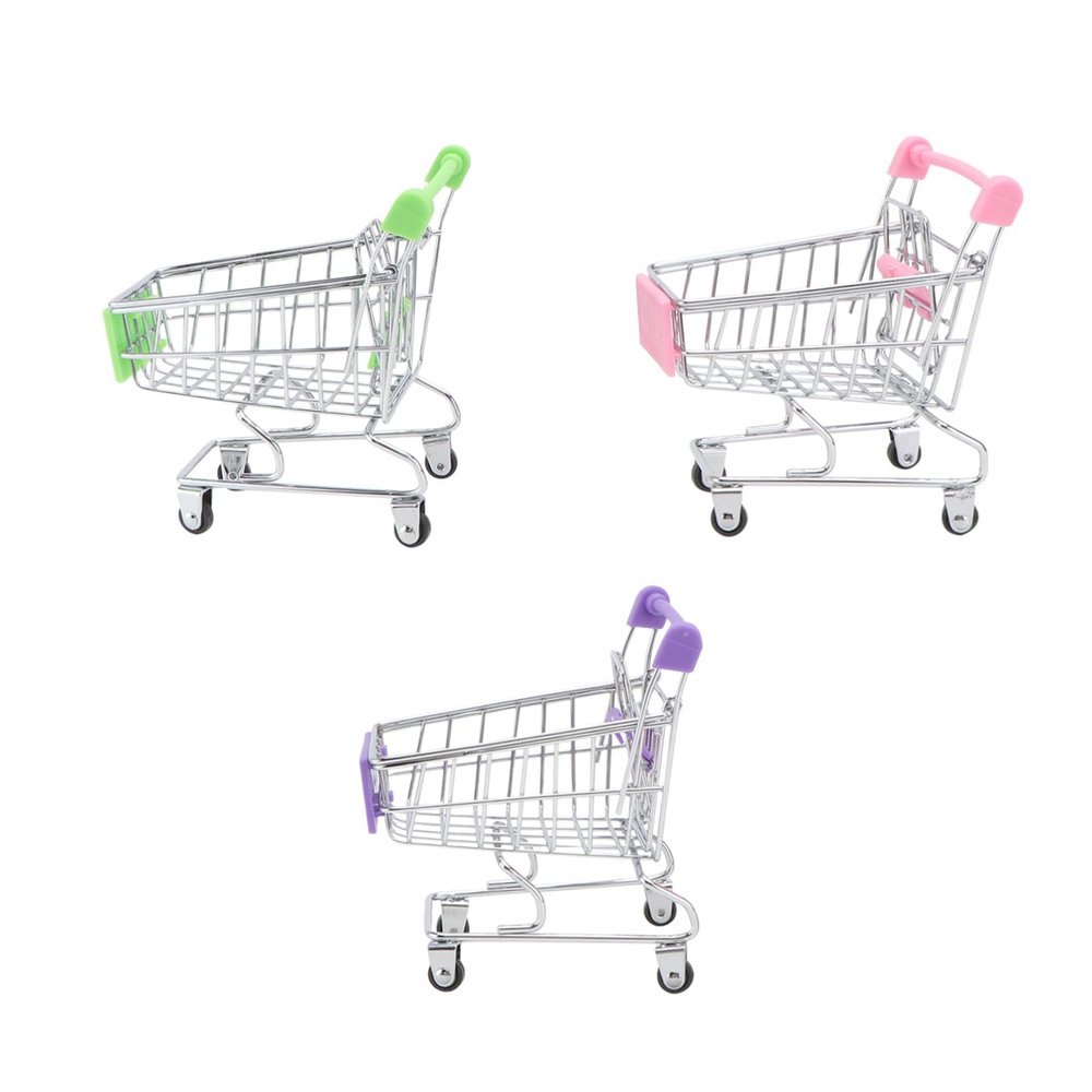 Kisangel 3pcs Mini Shopping Cart Toy Trolley for Boys and Girls Pretend Play Iron Grocery Cart Green for Makeup Storage and Role Play