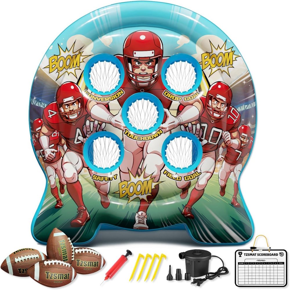 6Ft Inflatable Football Target Toss Game - Giant Outdoor Carnival Party Games for Backyard & Tailgate - Arcade Sports Toy with Electric Pump - 4 Easy-Grip Balls Gifts for Boys 3 4 5 6 7 8-12 Year Old