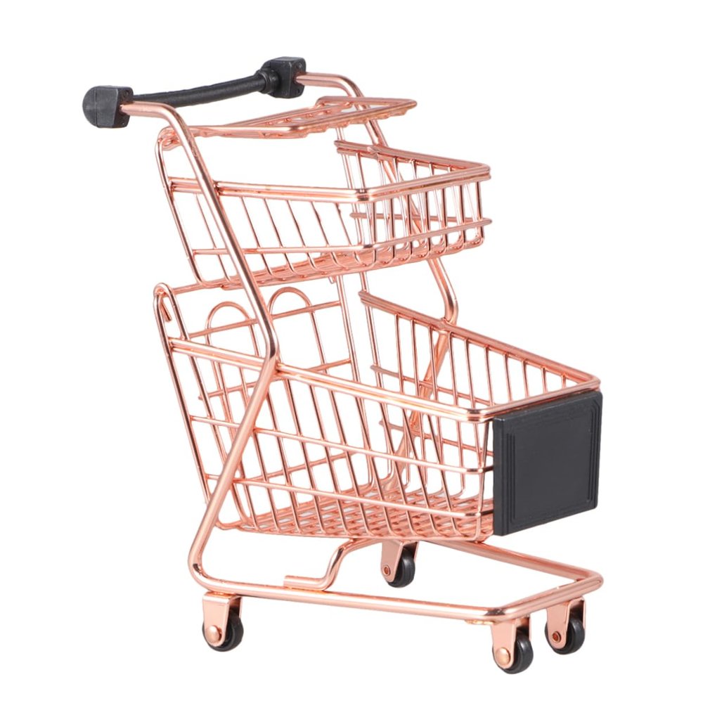 Toddmomy Mini Shopping Cart Trolley Storage Gadget Shopping Cart for Mini Two-Tier Shopping Cart Golden