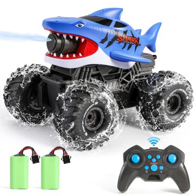 BOBXIN Amphibious Remote Control Shark Monster Truck Squirt Water,4WD All-Terrain Off-Road 2.4Ghz Waterproof RC Car Pool Water Toys for Kids Age 6+ Blue