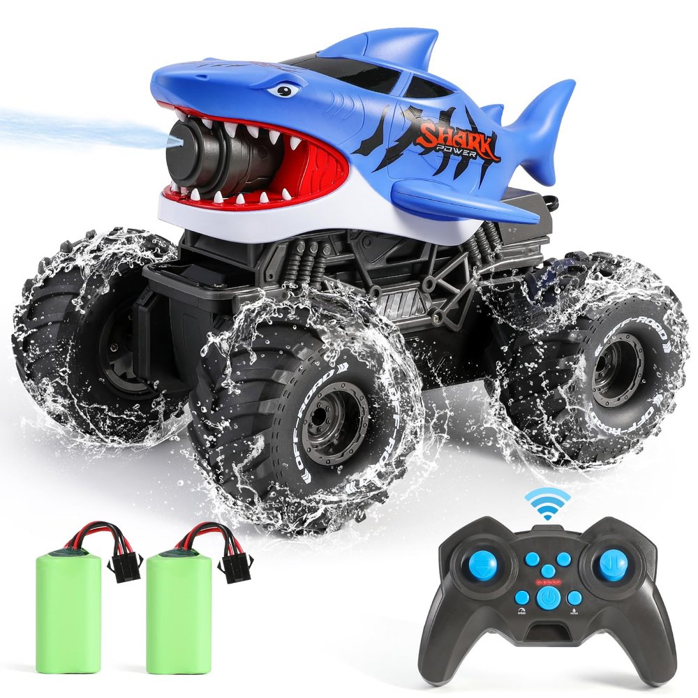 BOBXIN Amphibious Remote Control Shark Monster Truck Squirt Water,4WD All-Terrain Off-Road 2.4Ghz Waterproof RC Car Pool Water Toys for Kids Age 6+ Blue